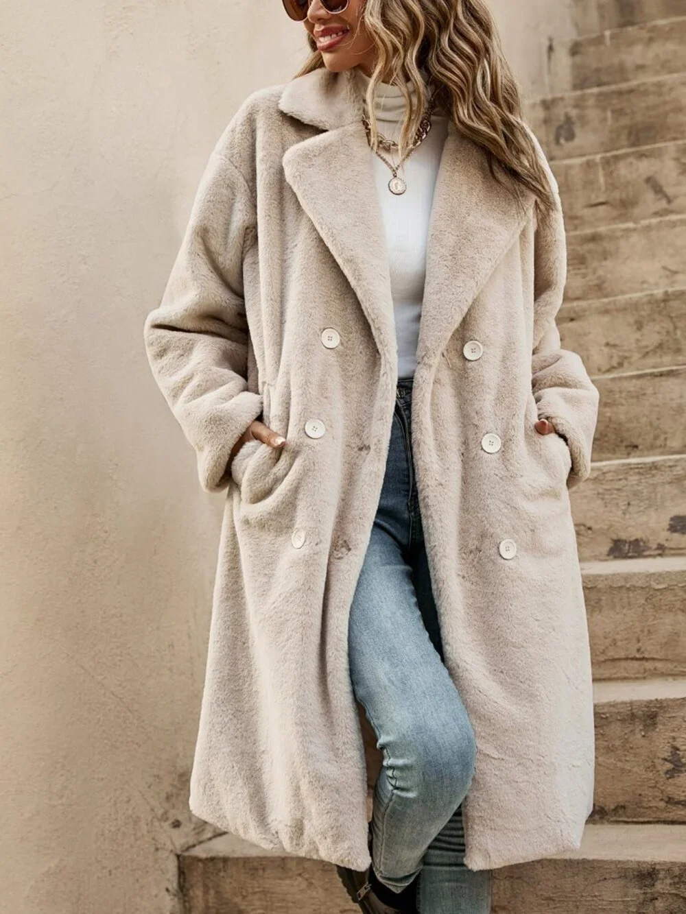 Apricot Casual Women's Drop Shoulder Double Breasted Teddy Coat